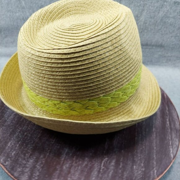 Tan Straw Fedora Hat W/ Green Braided Band Lightweight Summer Style One Size Fit - Picture 3 of 6